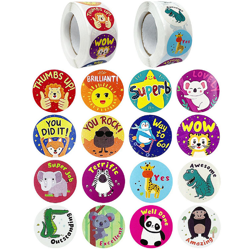 Wrapables 1 Inch Teacher, Student, Classroom Reward Stickers (1000pcs), Awesome Animals Image