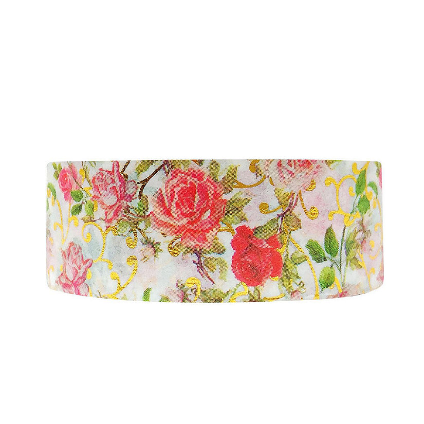 Wrapables 15mm x 5M Gold and Silver Foil Washi Masking Tape, Elegant Roses Image