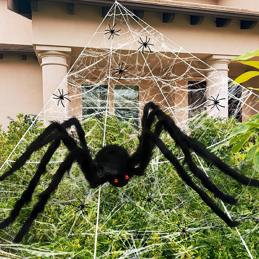 Wrapables 16ft Giant Triangular Spider Web Kit Halloween D&amp;#233;cor with Cobwebs and 5ft Large Spider + 20 Small Spiders Image