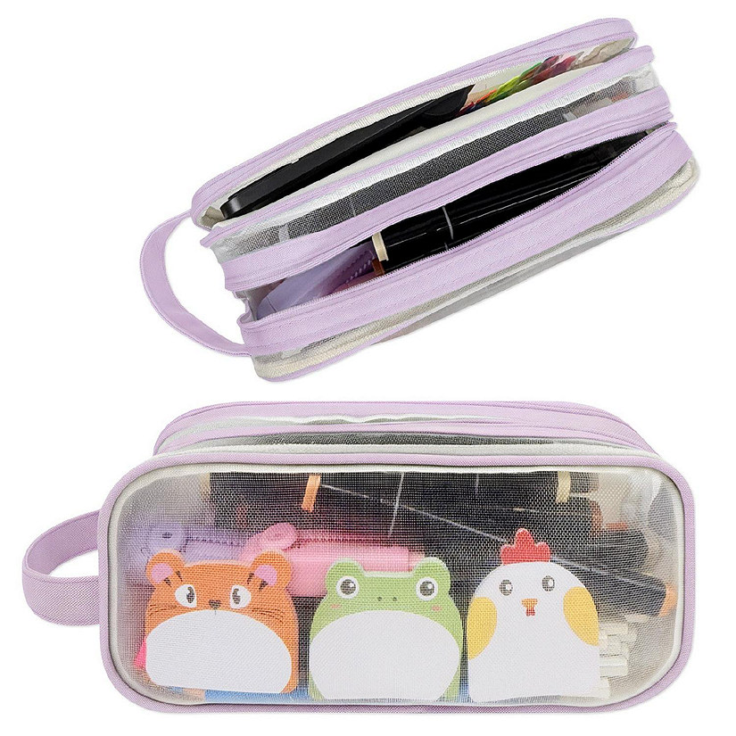 Wrapables 2 Compartment Transparent Mesh Pencil Case, Purple Image