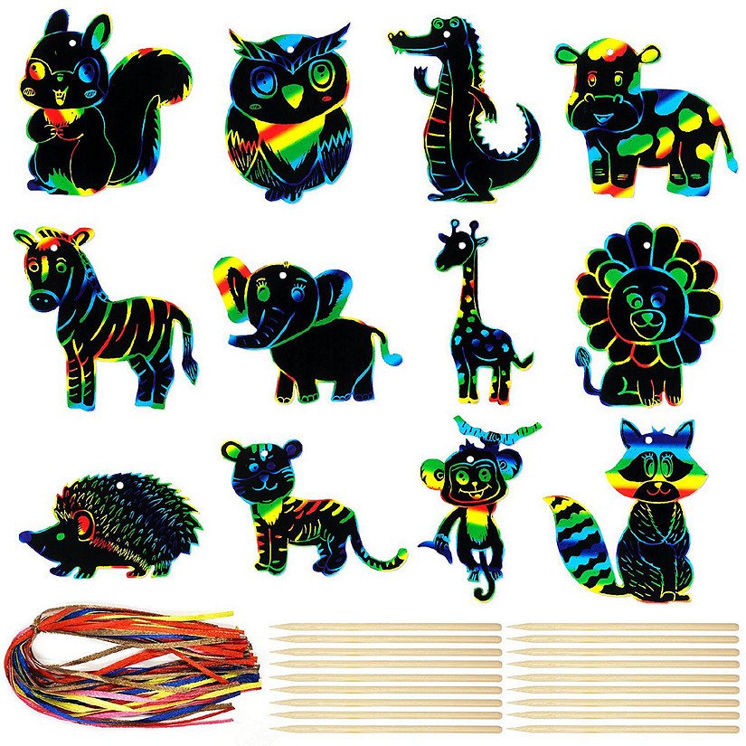 Wrapables 36pc DIY Rainbow Color Rainbow Scratch Arts Ornaments, Animals Image