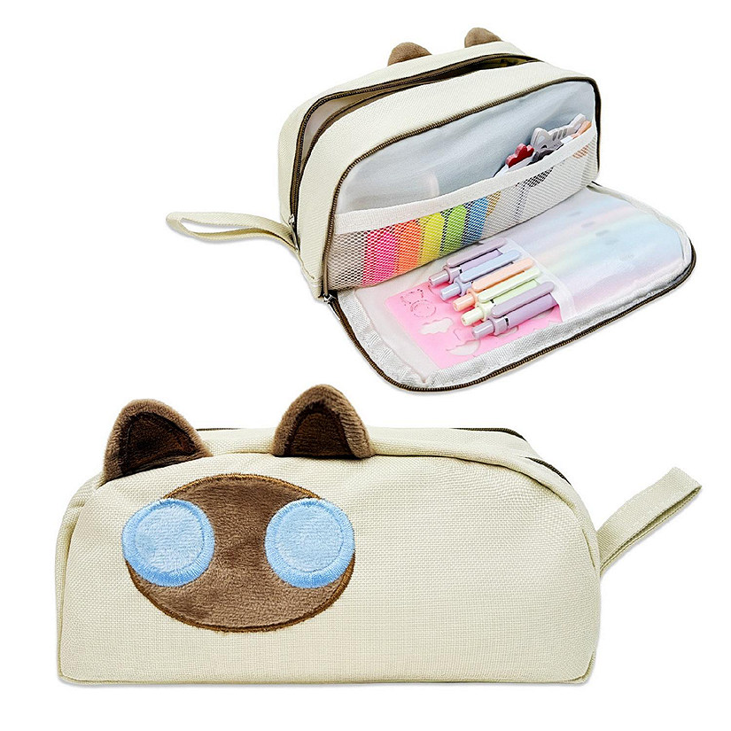 Wrapables 3D Cat Design Large Capacity Pencil Case with 2 Compartments, Beige Cat Image