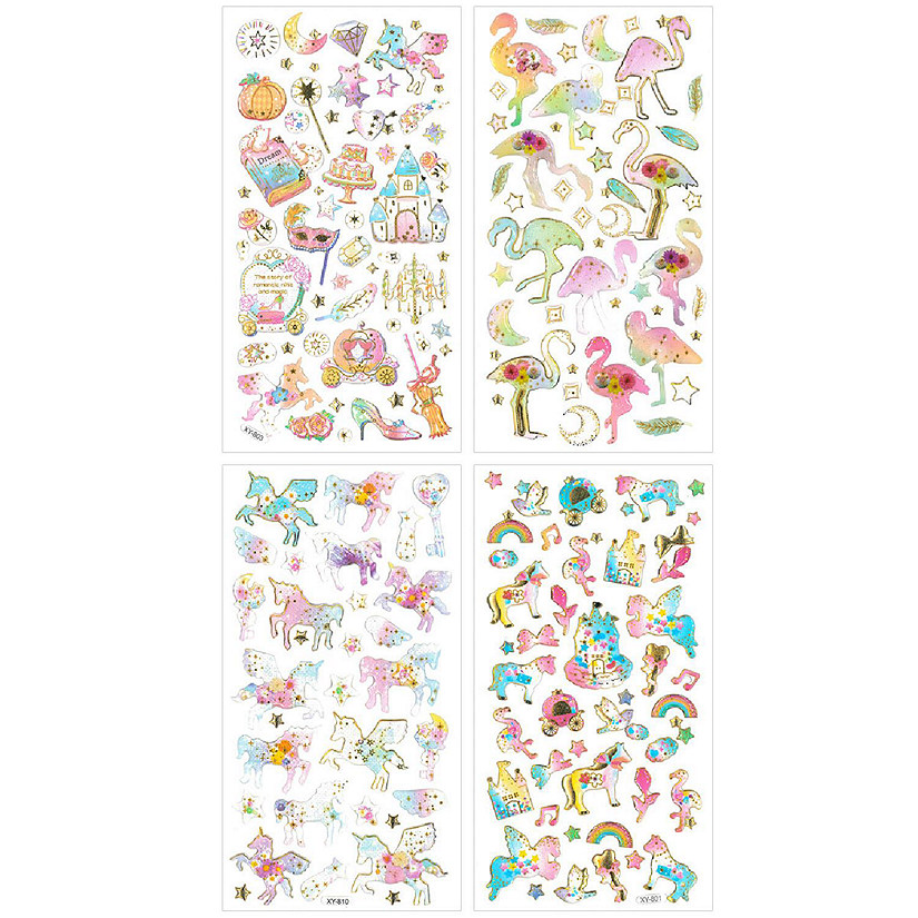 Wrapables 3D Epoxy Scrapbooking Decal Stickers (4 Sheets), Unicorns, Flamingos, Fairy Tales Image