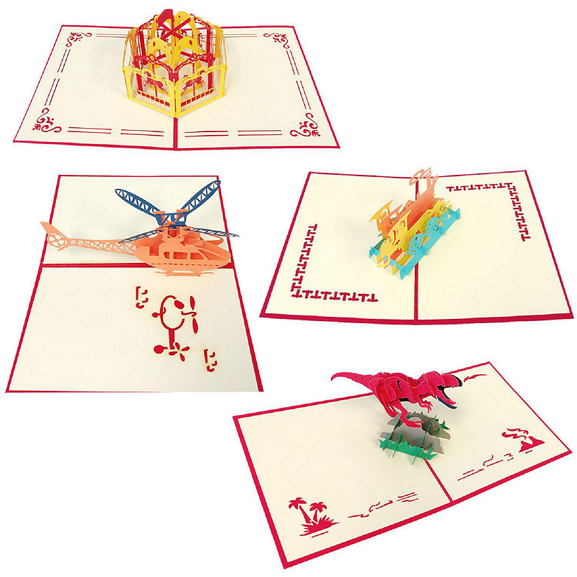 Wrapables 3D Pop-Up Greeting Cards (Set of 4), Locomotive, Dinosaur, Helicopter, Carousel Image