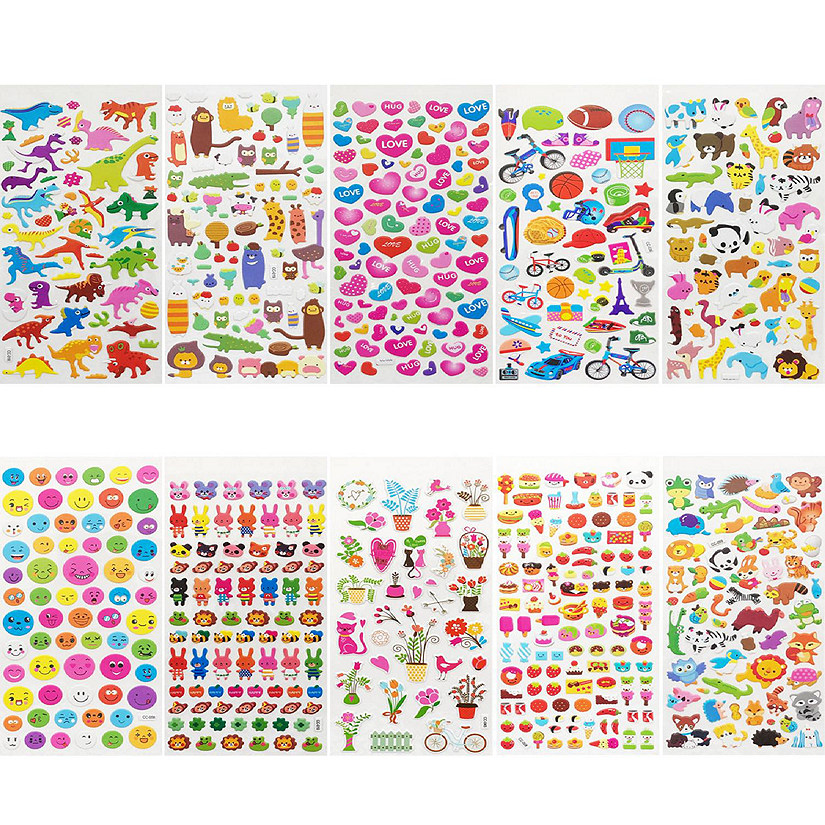 Wrapables 3D Puffy Stickers, Crafts & Scrapbooking Stickers (10 Sheets), Dino, Hearts, Food Image