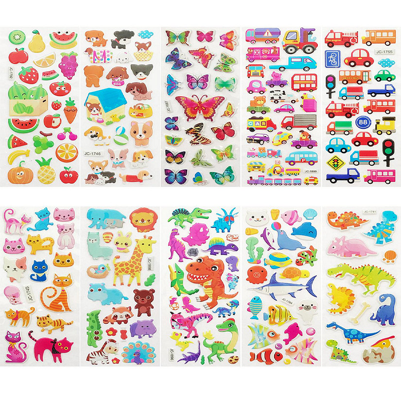 Wrapables 3D Puffy Stickers, Crafts & Scrapbooking Stickers (10 Sheets), Marine, Safari, Farm, Traffic Image