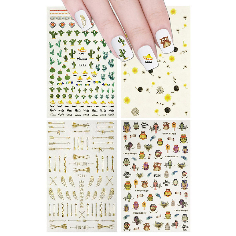 Wrapables 4 Sheets Nail Stickers Nail Art Set - Owls & Cactus Nail Stickers Image