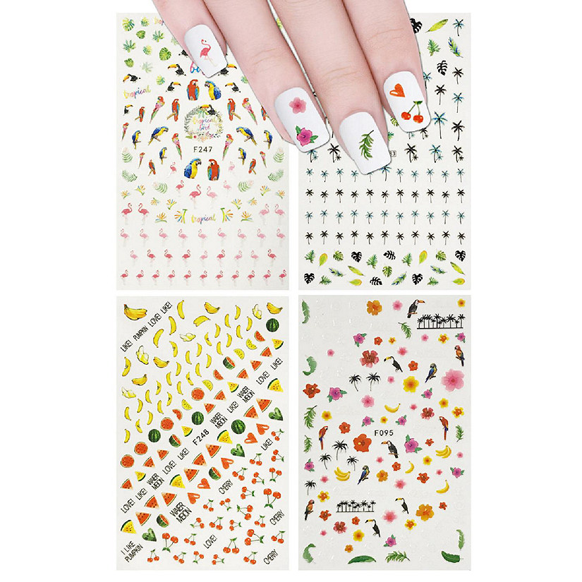 Wrapables 4 Sheets Nail Stickers Nail Art Set - Tropical Paradise Flamingo & Fruit Nail Stickers Image