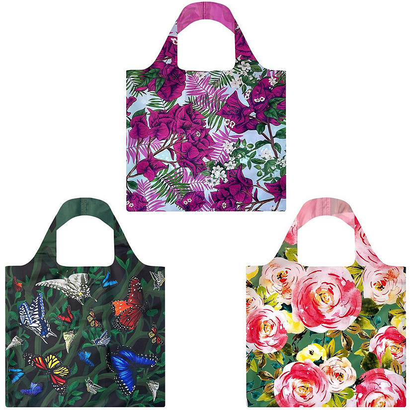 Wrapables Allybag Foldable & Lightweight Reusable Grocery Bag, 3 Pack, Butterflies and Floral Image