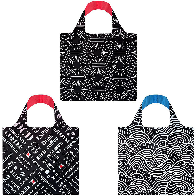 Wrapables Allybag Foldable & Lightweight Reusable Grocery Bag, 3 Pack, Coffee Waves Image