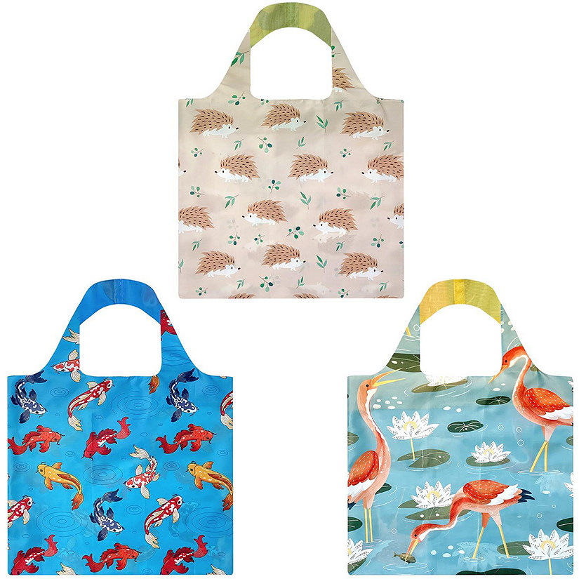 Wrapables Allybag Foldable & Lightweight Reusable Grocery Bag, 3 Pack, Fish, Cranes and Porcupines Image