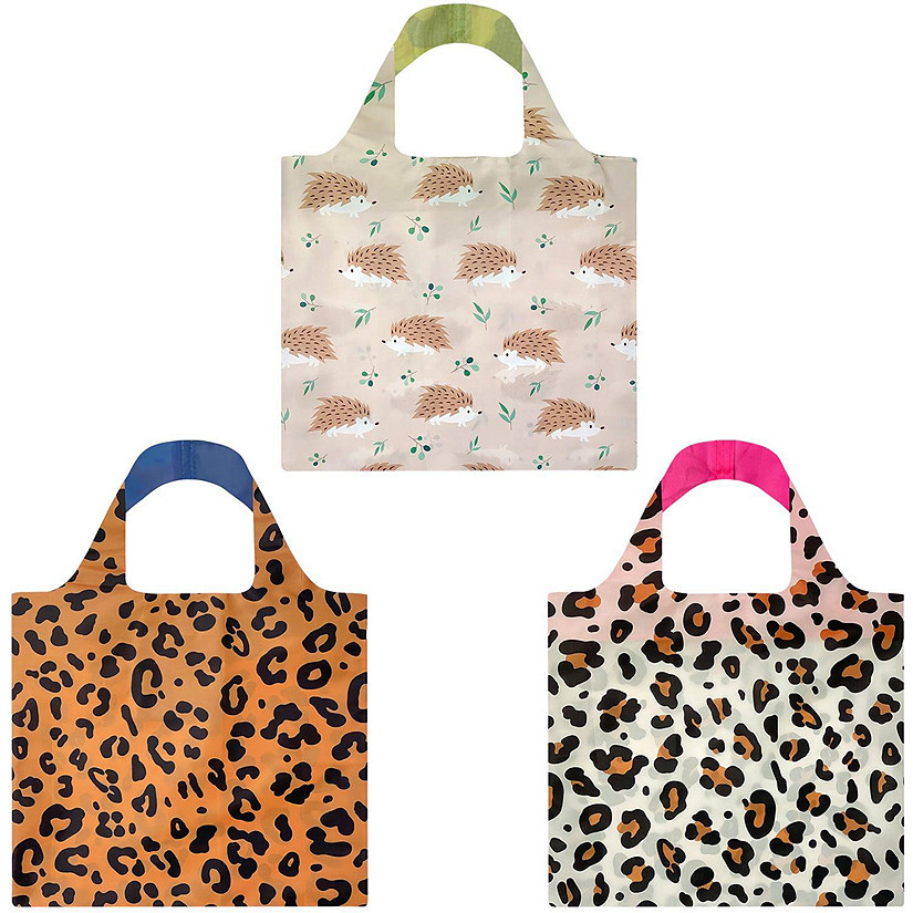 Wrapables Allybag Foldable & Lightweight Reusable Grocery Bag, 3 Pack, Leopard and Porcupine Image