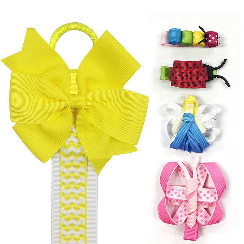 Wrapables Angel, Butterfly, Ladybug, Caterpillar Ribbon Sculpture Hair Clips with Chevron Hair Bows & Hair Clips Organizer, Yellow Image