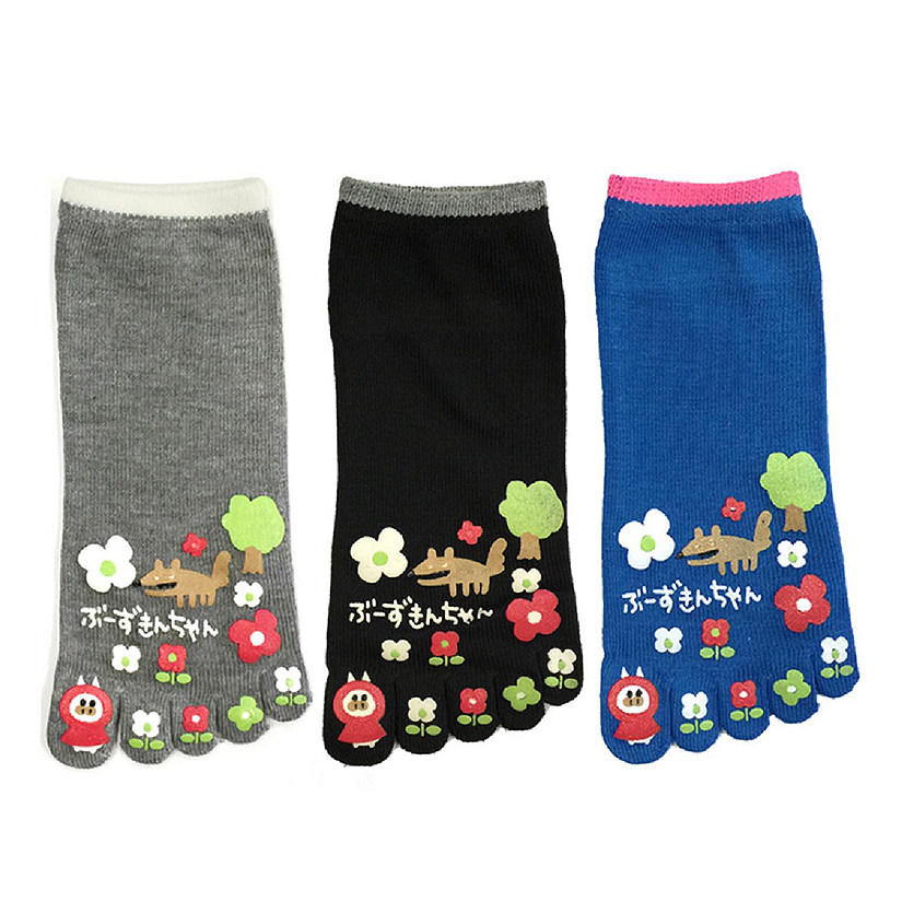 Wrapables Japanese Girl Five Finger Cartoon Socks Five Toe Socks Set of 3,  Black/Red/Blue