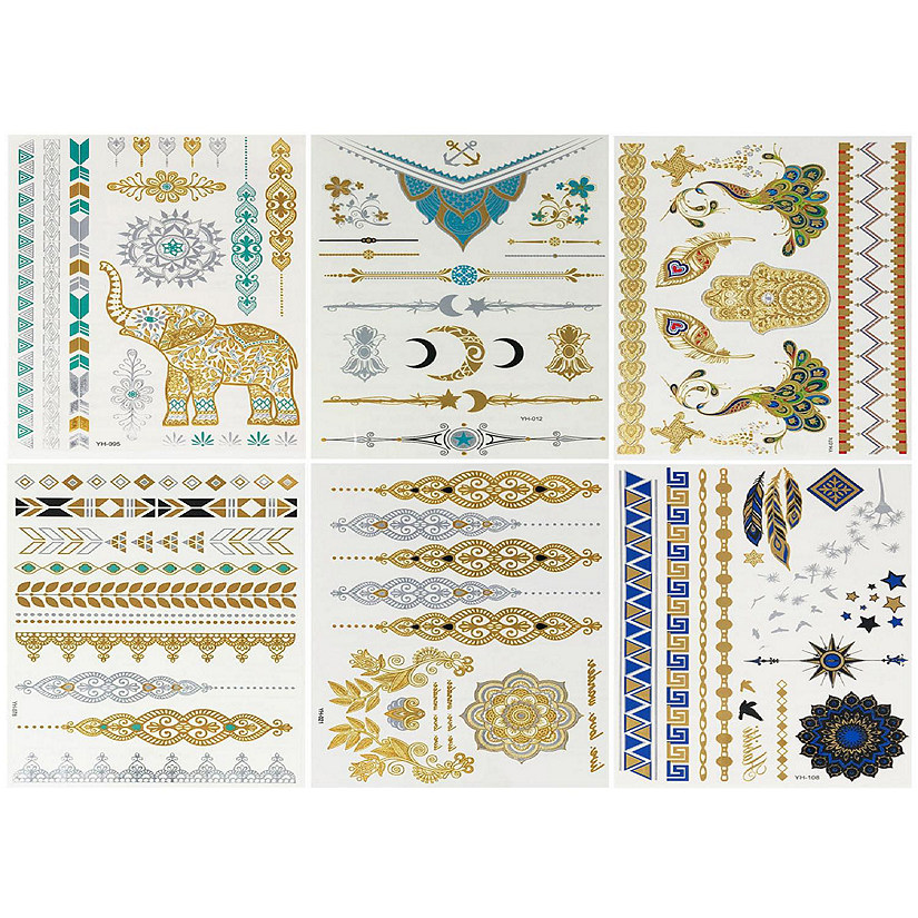 Wrapables&#174; Celebrity Inspired Temporary Tattoos in Metallic Gold Silver and Black (6 Sheets), Large, Indian Motif Image
