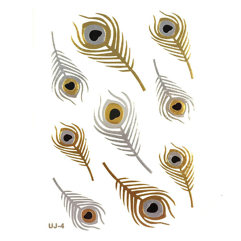 Wrapables Celebrity Inspired Temporary Tattoos in Metallic Gold Silver and Black, Large, Pheasant Feathers Image