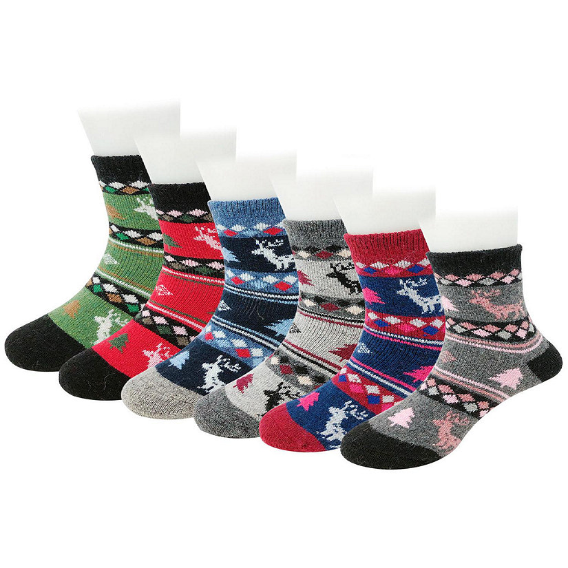 Wrapables Children's Thick Winter Warm Wool Socks (Set of 6), Christmas Reindeer L Image