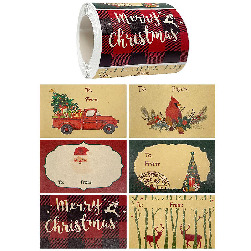 Wrapables Christmas Holiday Gift Tag Stickers and Labels Roll (300pcs), Rustic Greetings Image