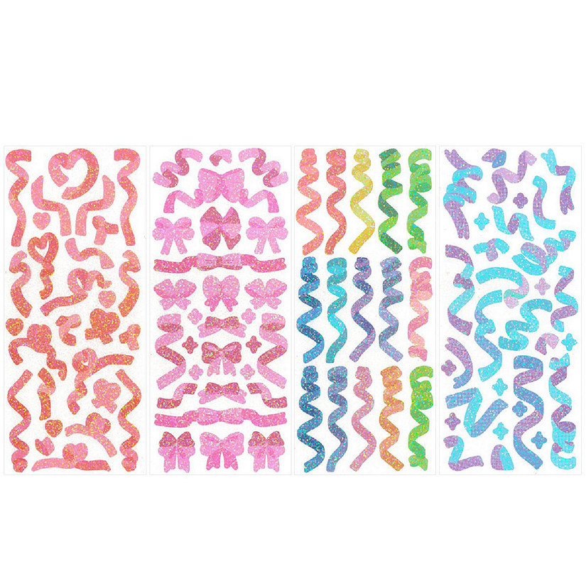 Wrapables Colorful Decorative Stickers for Scrapbooking, 4 Sheets, Glitter Ribbons Image