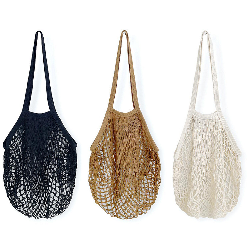 Wrapables Cotton Mesh Net Shopping Bag, Grocery Bag for Vegetables, Produce (Set of 3), Black, Brown, Beige Image