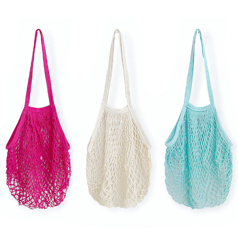Wrapables Cotton Mesh Net Shopping Bag, Grocery Bag for Vegetables, Produce (Set of 3), Hot Pink, Beige, Teal Image