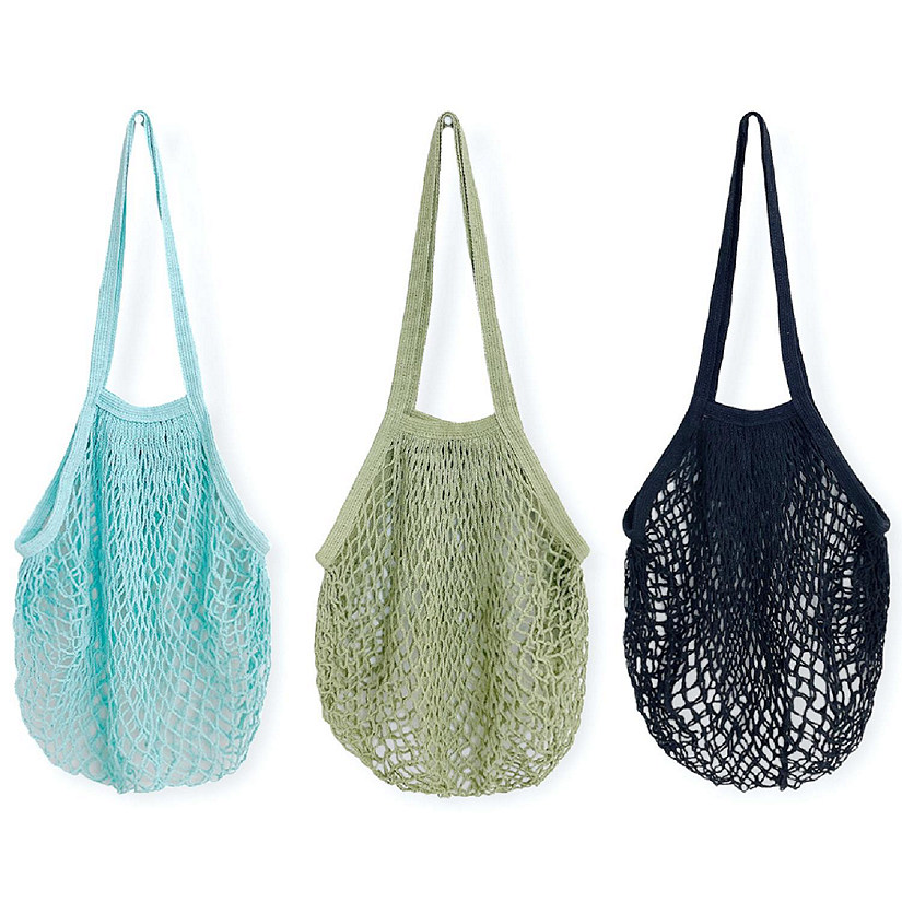 Wrapables Cotton Mesh Net Shopping Bag, Grocery Bag for Vegetables, Produce (Set of 3), Teal, Green, Black Image