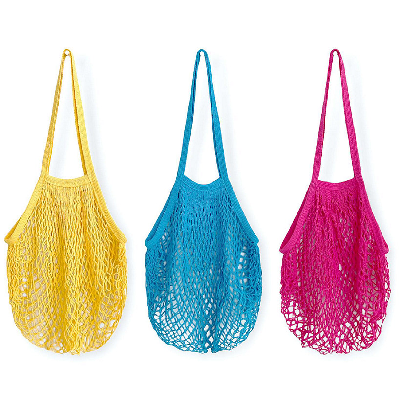 Wrapables Cotton Mesh Net Shopping Bag, Grocery Bag for Vegetables, Produce (Set of 3), Yellow, Blue, Hot Pink Image