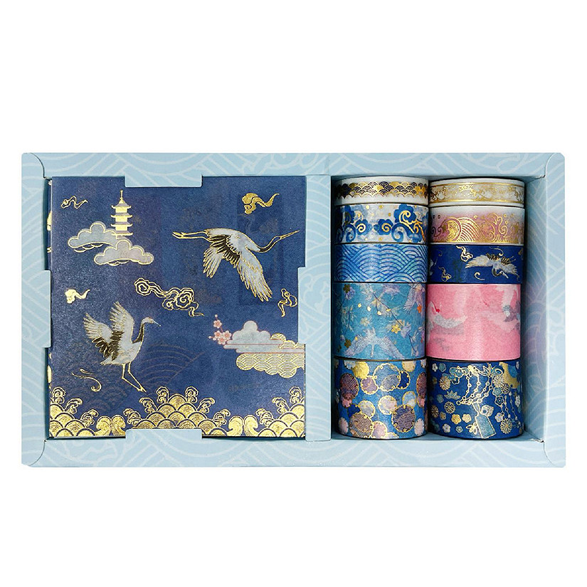 Wrapables Decorative Gold Foil Washi Tape and Sticker Set (10 Rolls & 10 Sheets), Cranes Blue Image