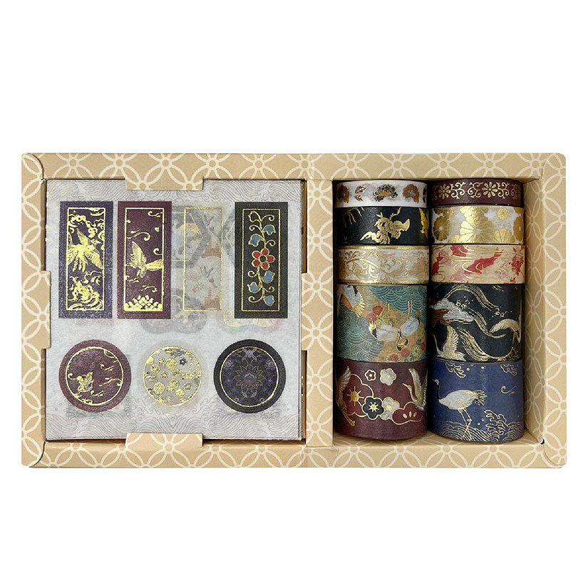 Wrapables Decorative Gold Foil Washi Tape and Sticker Set (10 Rolls & 10 Sheets), Cranes Floral Image