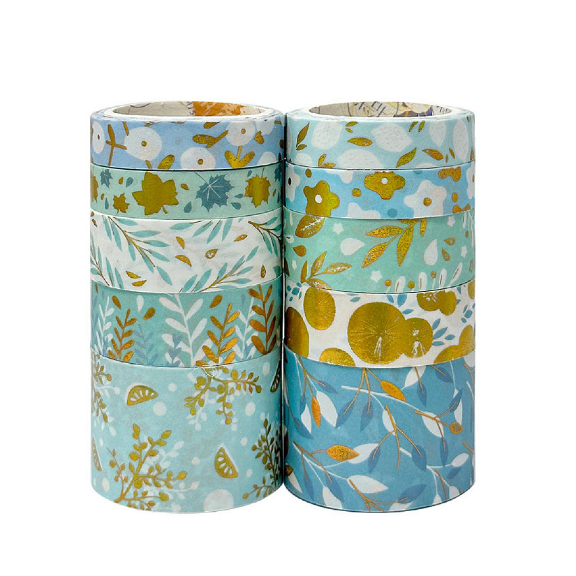 Wrapables Decorative Gold Foil Washi Tape Box Set for Arts & Crafts, Scrapbooking, Stationery, Diary (10 Rolls) Blue Green Bloom