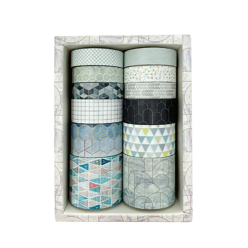 Wrapables Decorative Washi Tape Box Set (12 Rolls), Gray Geometric Image