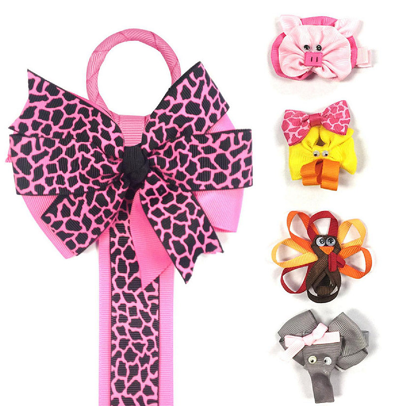 Wrapables Duck, Turkey, Elephant, Pig Ribbon Sculpture Hair Clips with Leopard Hair Bows & Hair Clips Organizer, Hot Pink Image
