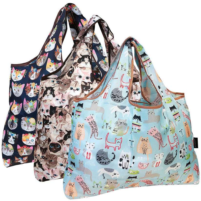 Wrapables Eco-Friendly Large Nylon Reusable Shopping Bags (Set of 3), Cat Lovers Image
