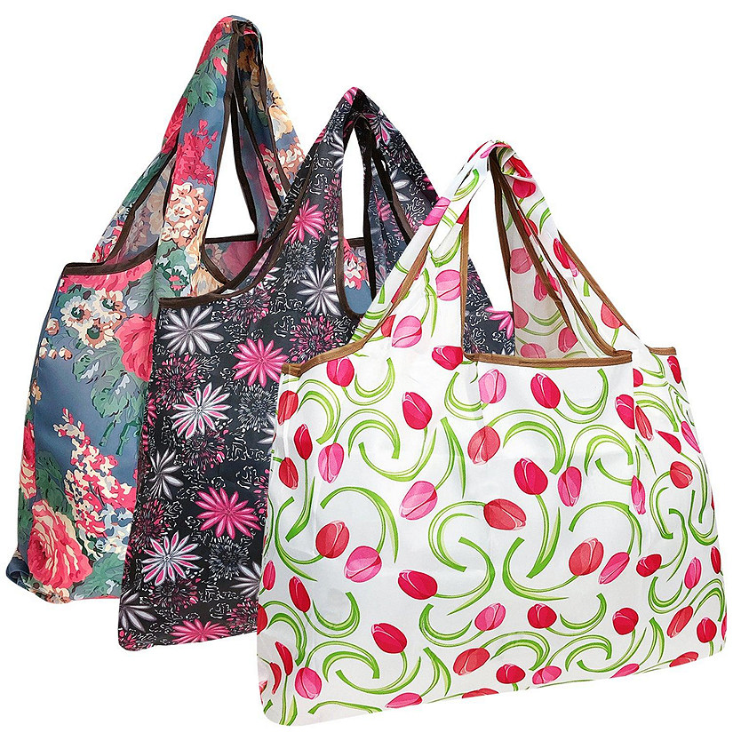 Wrapables Eco-Friendly Large Nylon Reusable Shopping Bags (Set of 3), Floral Delight Image