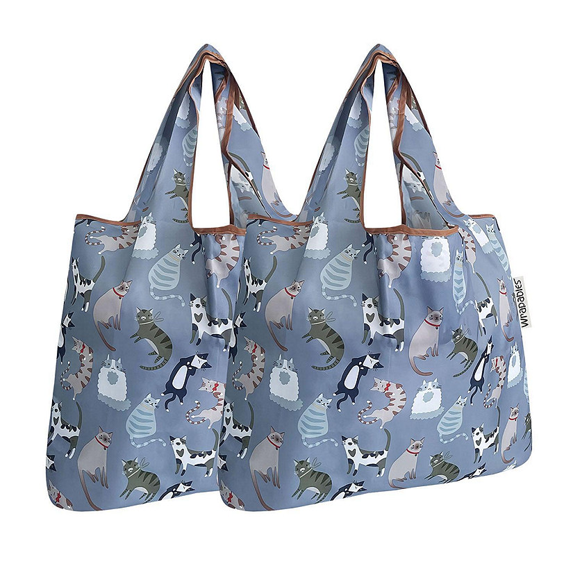 Wrapables Foldable Tote Nylon Reusable Grocery Bag (Set of 2), Cool Felines Image
