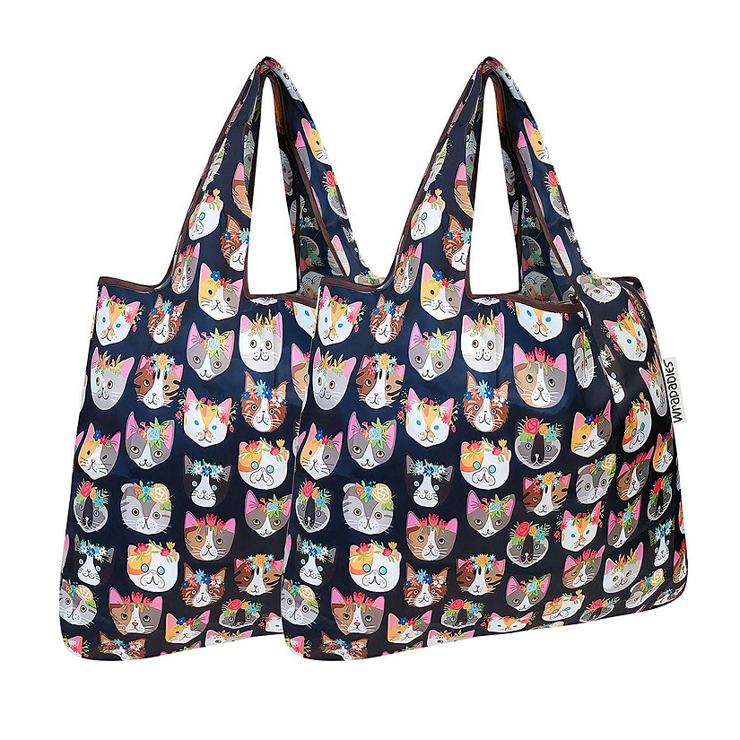 Wrapables Foldable Tote Nylon Reusable Grocery Bag (Set of 2), Crazy Cats Image
