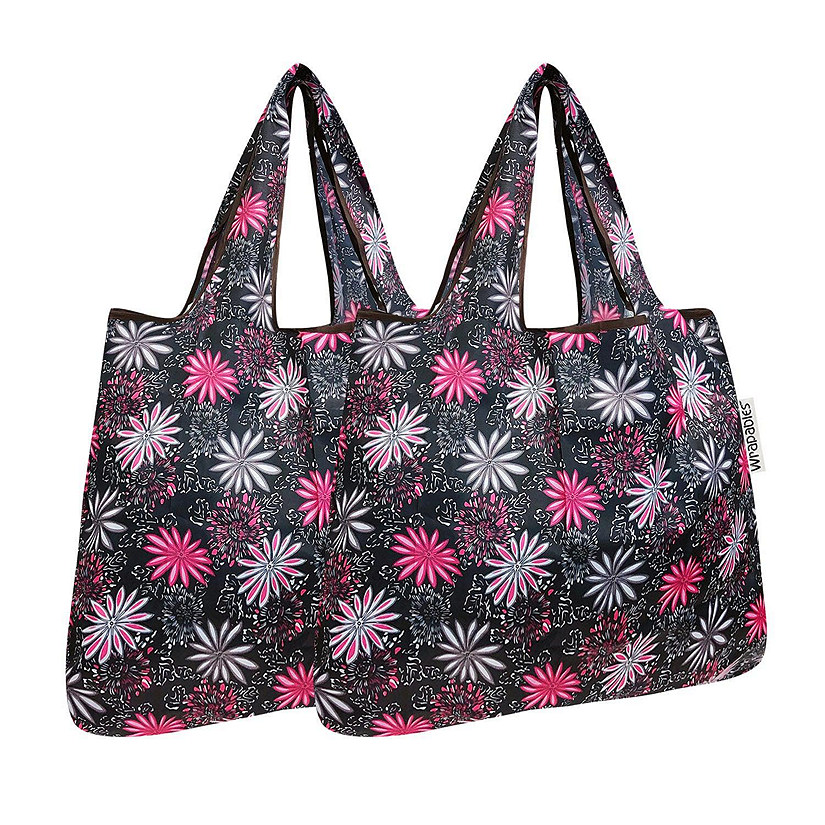 Wrapables Foldable Tote Nylon Reusable Grocery Bag (Set of 2), Pink in Bloom Image