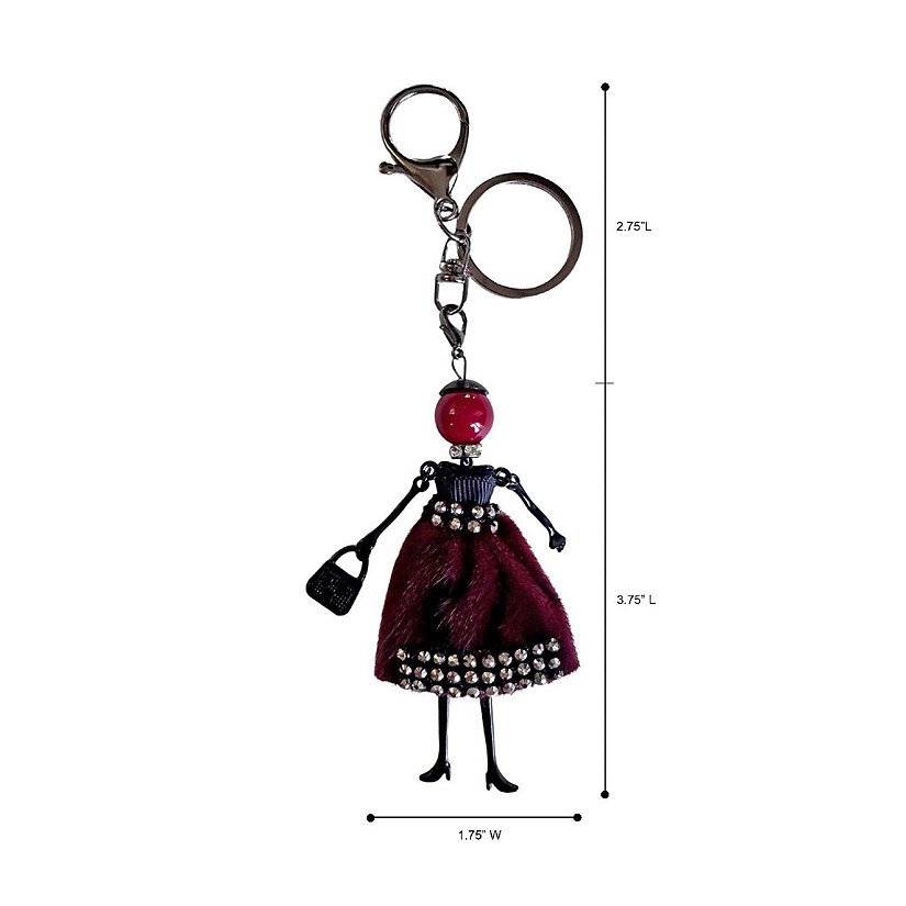 Wrapables Hanging Fashionista Doll Keychain, Crystal Rhinestone Keyring Bag Charm, Burgundy Retro Image
