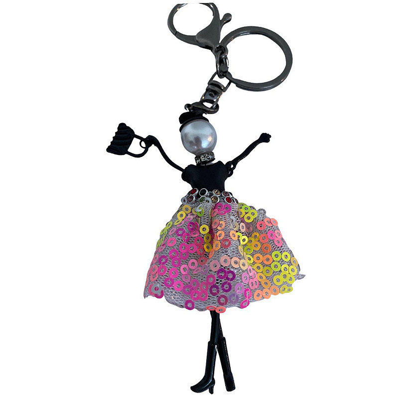 Wrapables Hanging Fashionista Doll Keychain, Crystal Rhinestone Keyring Bag Charm, Pink & Yellow Sequins Image