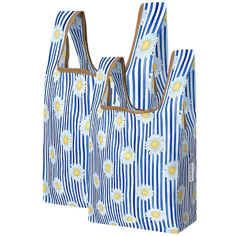 Wrapables JoliBag Nylon Reusable Grocery Bag, 2 Pack, Daisies & Stripes Image