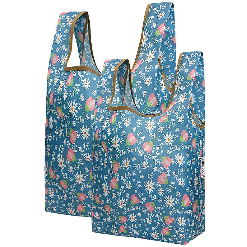 Wrapables JoliBag Nylon Reusable Grocery Bag, 2 Pack, Tulips & Daisies Image