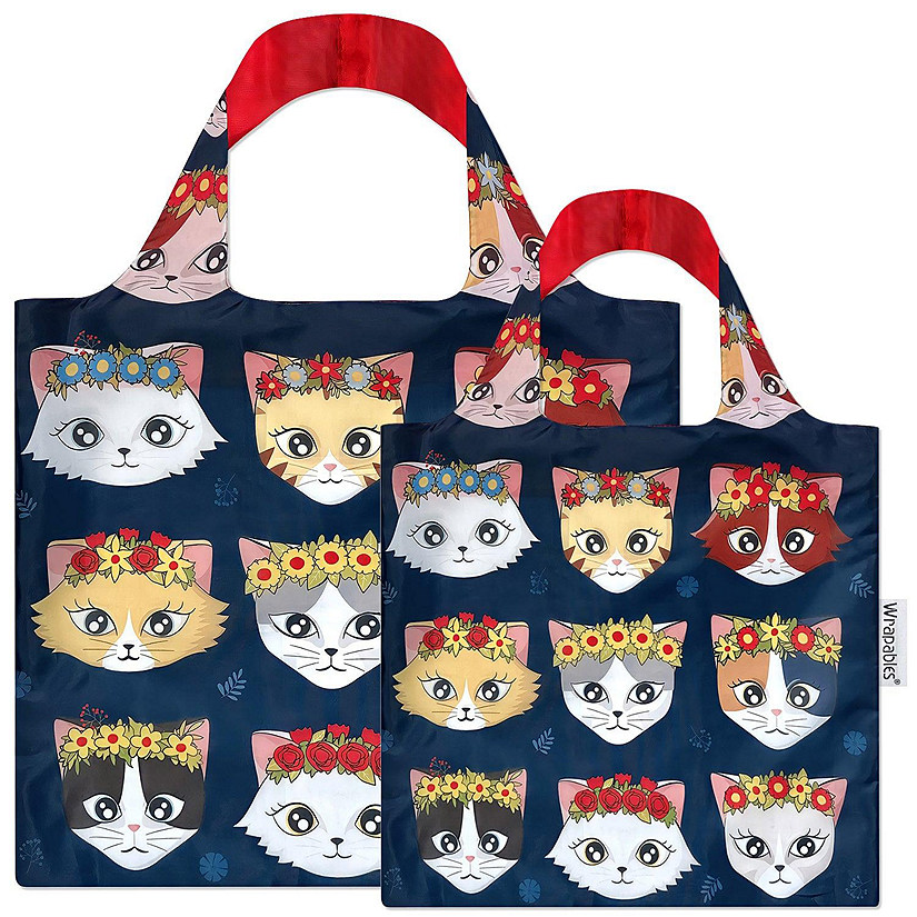 Wrapables Large & Small Allybag Foldable & Lightweight Reusable Grocery Bags (Set of 2), Cats & Crowns Image