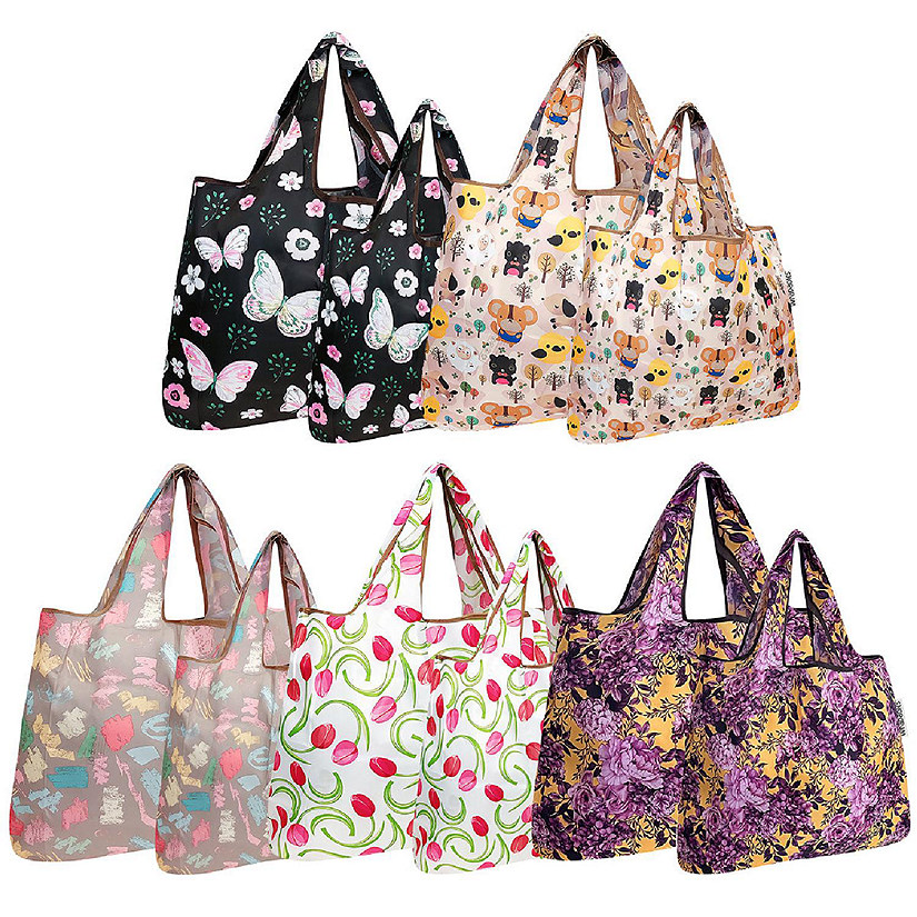 Wrapables Large & Small Foldable Tote Nylon Reusable Grocery Bags, Set of 10, Butterflies, Tulips, Doodle Image