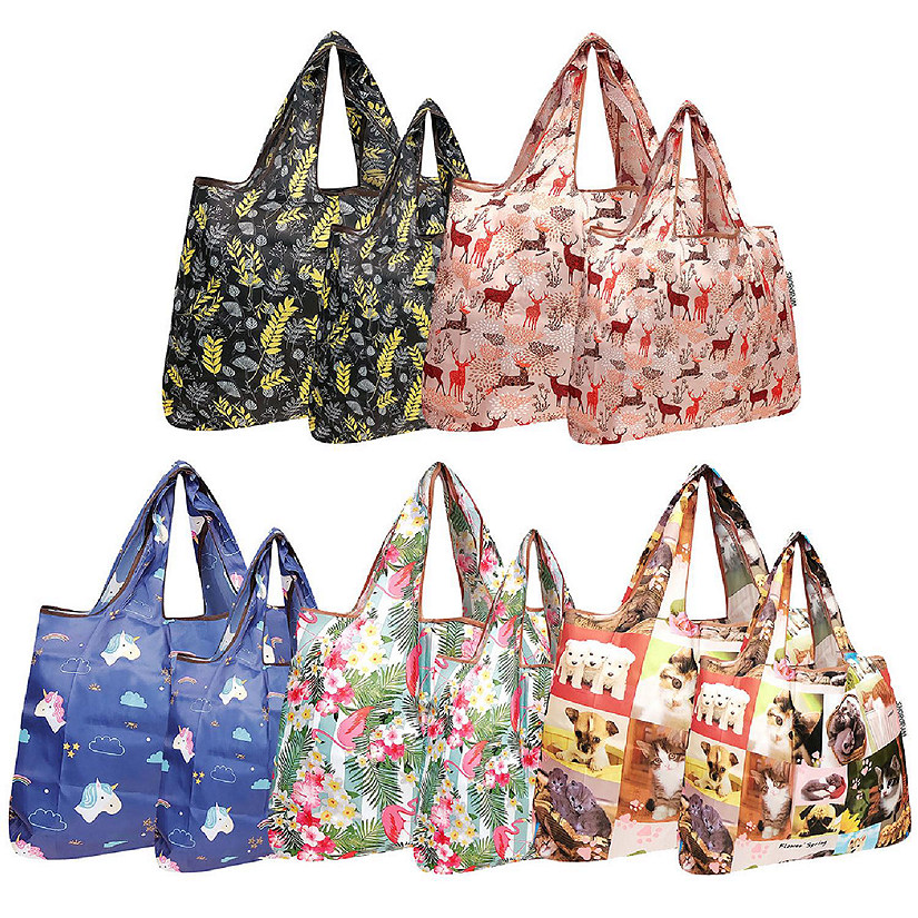 Wrapables Large & Small Foldable Tote Nylon Reusable Grocery Bags, Set of 10, Deer, Unicorns, Flamingos Image