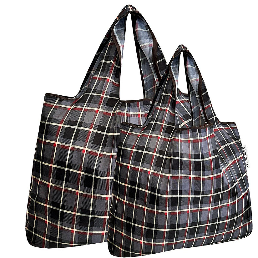 Wrapables Large & Small Foldable Tote Nylon Reusable Grocery Bags, Set of 2, Black Plaid Image
