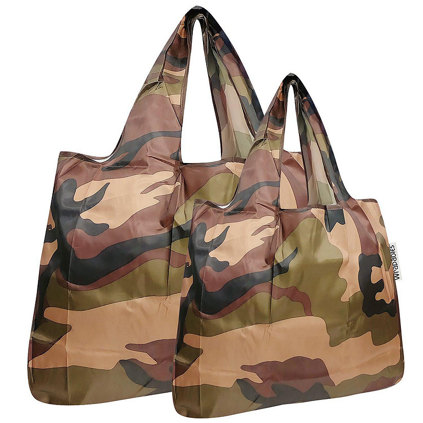 Wrapables Large & Small Foldable Tote Nylon Reusable Grocery Bags, Set of 2, Camo Image