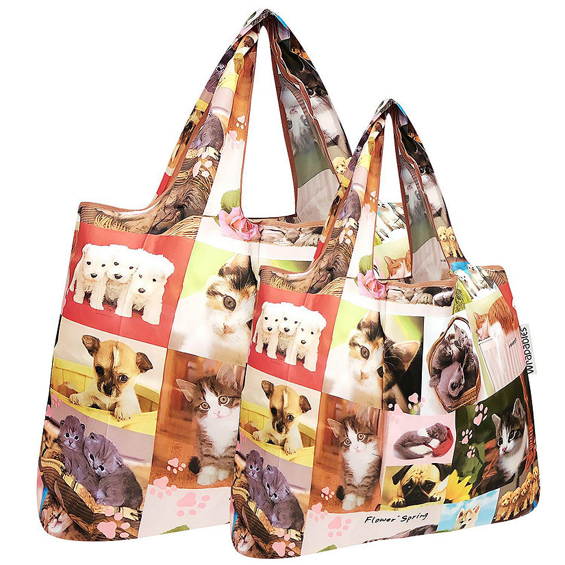 Wrapables Large & Small Foldable Tote Nylon Reusable Grocery Bags, Set of 2, Cats & Dogs Image