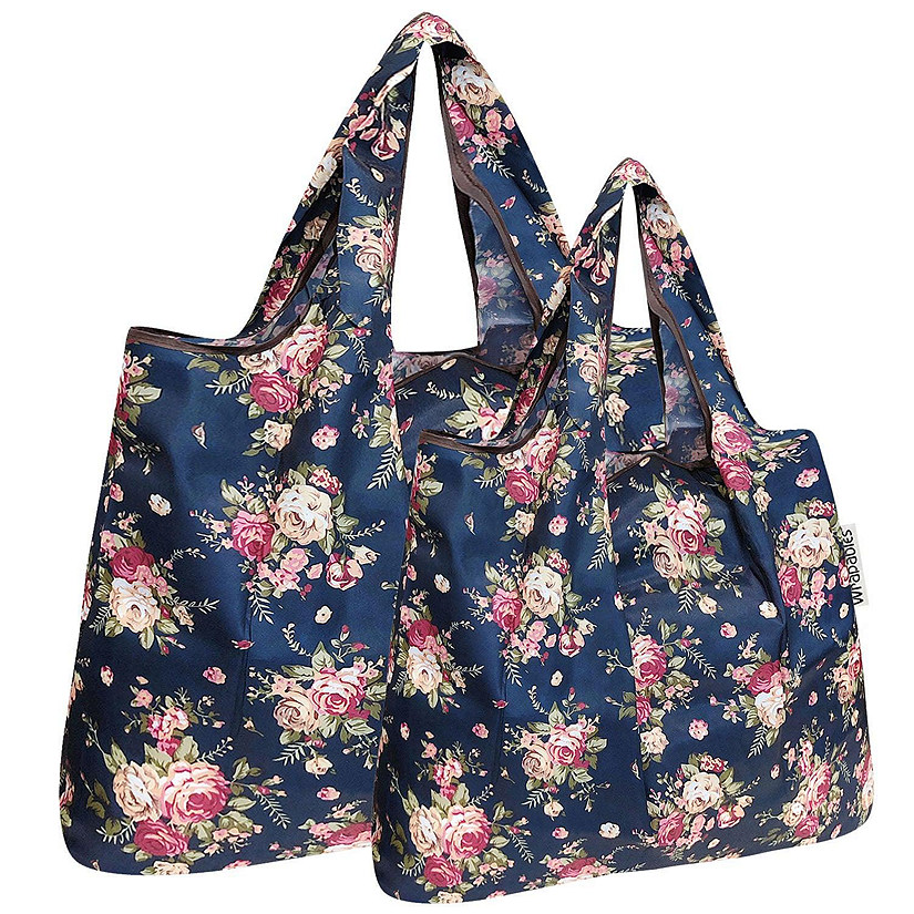 Wrapables Large & Small Foldable Tote Nylon Reusable Grocery Bags, Set of 2, Classic Roses Image