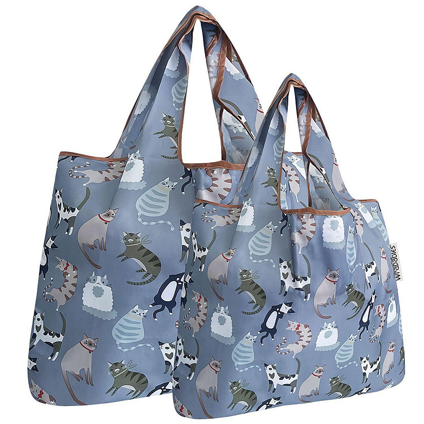 Wrapables Large & Small Foldable Tote Nylon Reusable Grocery Bags, Set of 2, Cool Felines Image