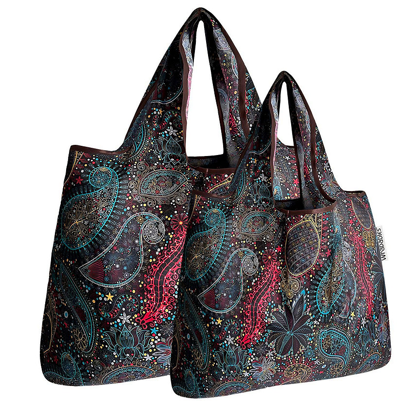 Wrapables Large & Small Foldable Tote Nylon Reusable Grocery Bags, Set of 2, Cosmic Paisley Image